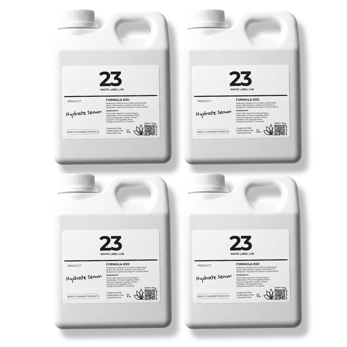 Pack of four 1 L bottles of Brightpack Hydrate Serum for bulk skincare use and refilling.