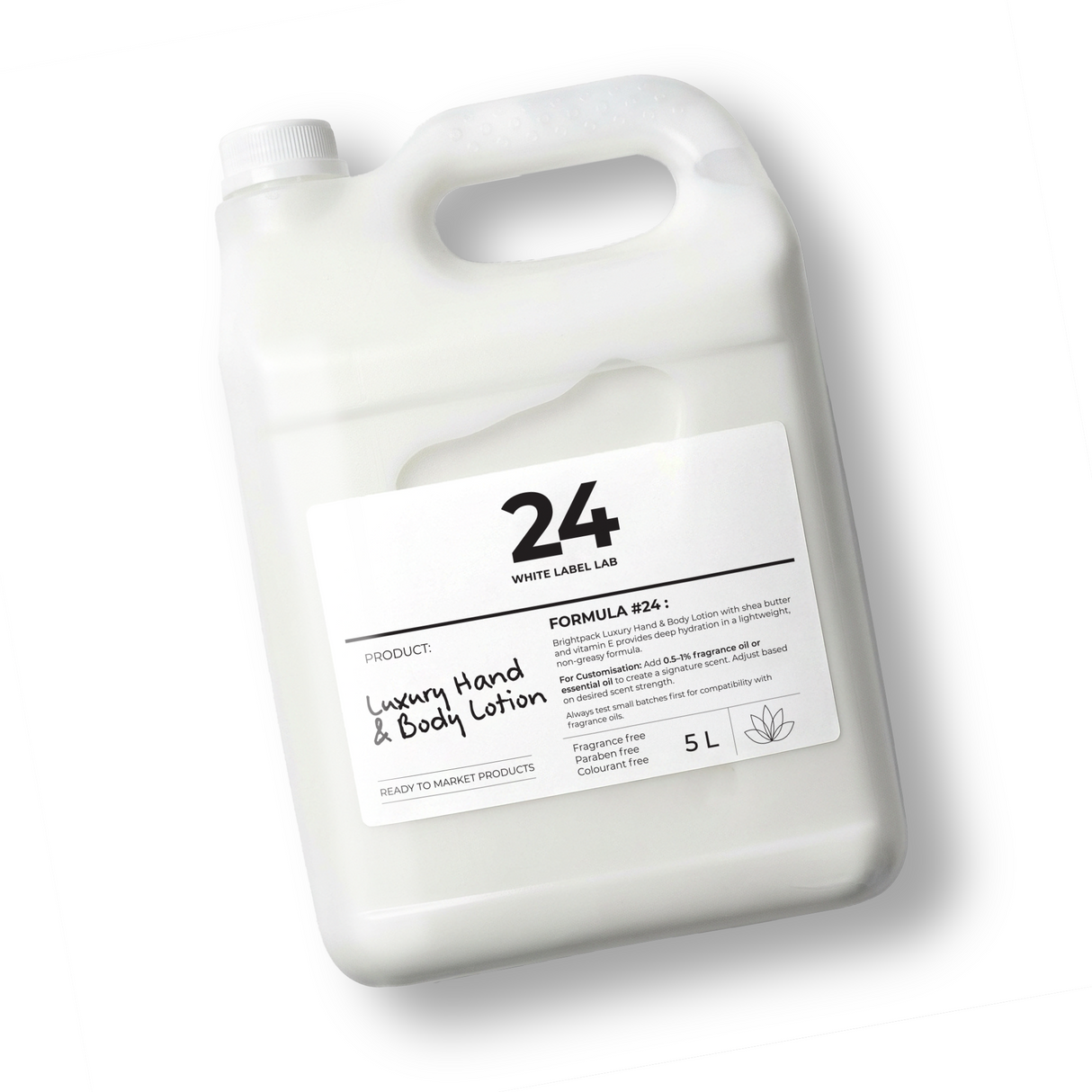 5 L jerry can of Brightpack luxury hand and body lotion for private-label production.