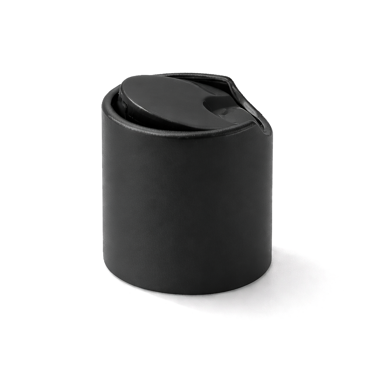 Black 28 mm disc top cap for plastic bottles, ideal for cosmetics, haircare and personal care packaging