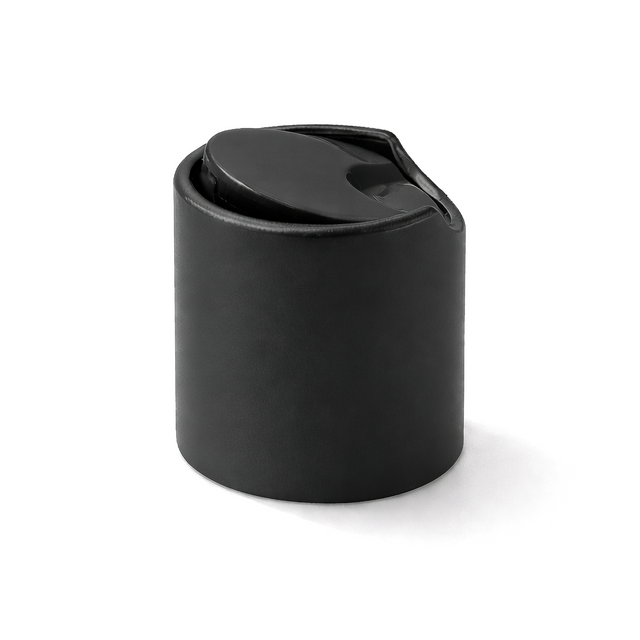 Black 28 mm disc top cap for plastic bottles, ideal for cosmetics, haircare and personal care packaging