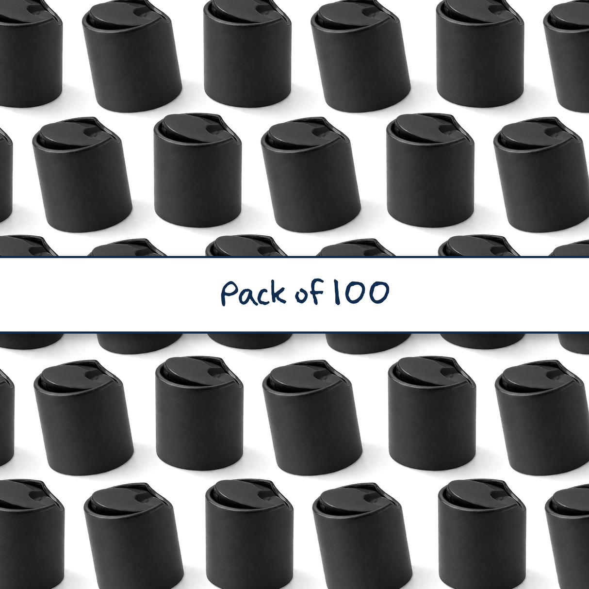 Multiple black 28 mm disc top cap for plastic bottles, ideal for cosmetics, haircare and personal care packaging