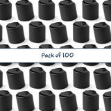 Multiple black 28 mm disc top cap for plastic bottles, ideal for cosmetics, haircare and personal care packaging