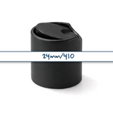Black 28 mm disc top cap for plastic bottles, ideal for cosmetics, haircare and personal care packaging
