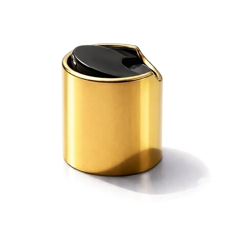 Gold collar 24mm disc top cap for plastic bottles, ideal for cosmetics, haircare and personal care packaging
