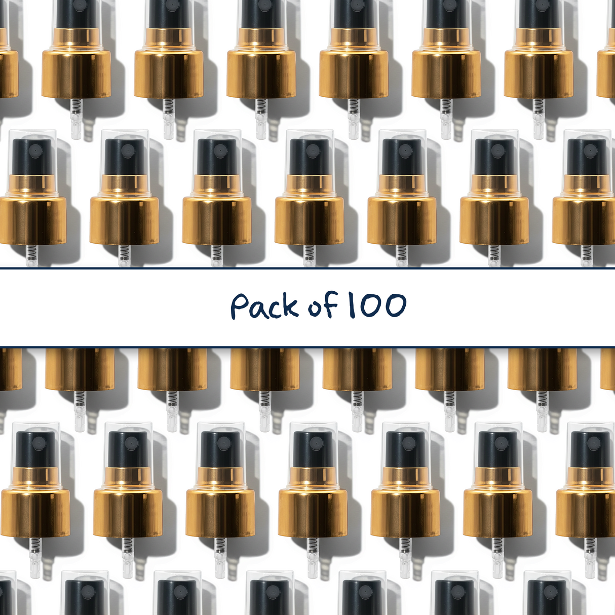 Multiple gold collar, black top 24 mm mist spray closures for cosmetic bottles, suitable for facial mists, perfumes, toners and liquid personal care packaging