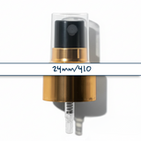 Gold collar, black top 24 mm mist spray closure for cosmetic bottles, suitable for facial mists, perfumes, toners and liquid personal care packaging