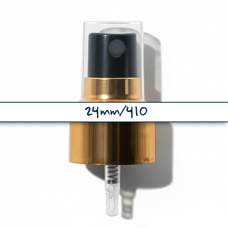 Gold collar, black top 24 mm mist spray closure for cosmetic bottles, suitable for facial mists, perfumes, toners and liquid personal care packaging