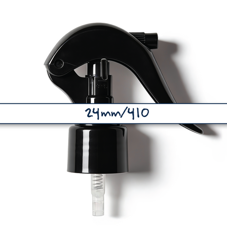 Black 24 mm trigger spray closure for plastic bottles, ideal for cleaning products, disinfectants and liquid household packaging