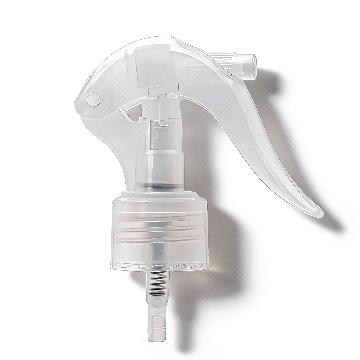 Clear 24 mm trigger spray closure for plastic bottles, ideal for cleaning products, disinfectants and liquid household packaging