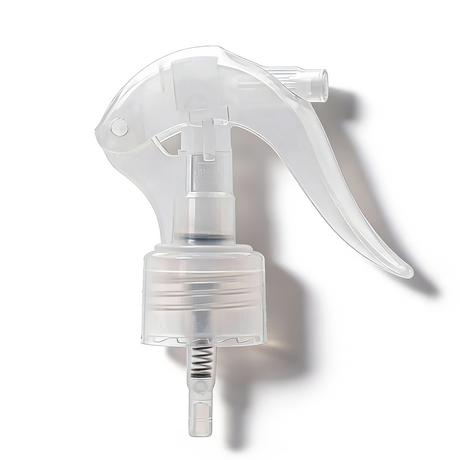 Clear 24 mm trigger spray closure for plastic bottles, ideal for cleaning products, disinfectants and liquid household packaging