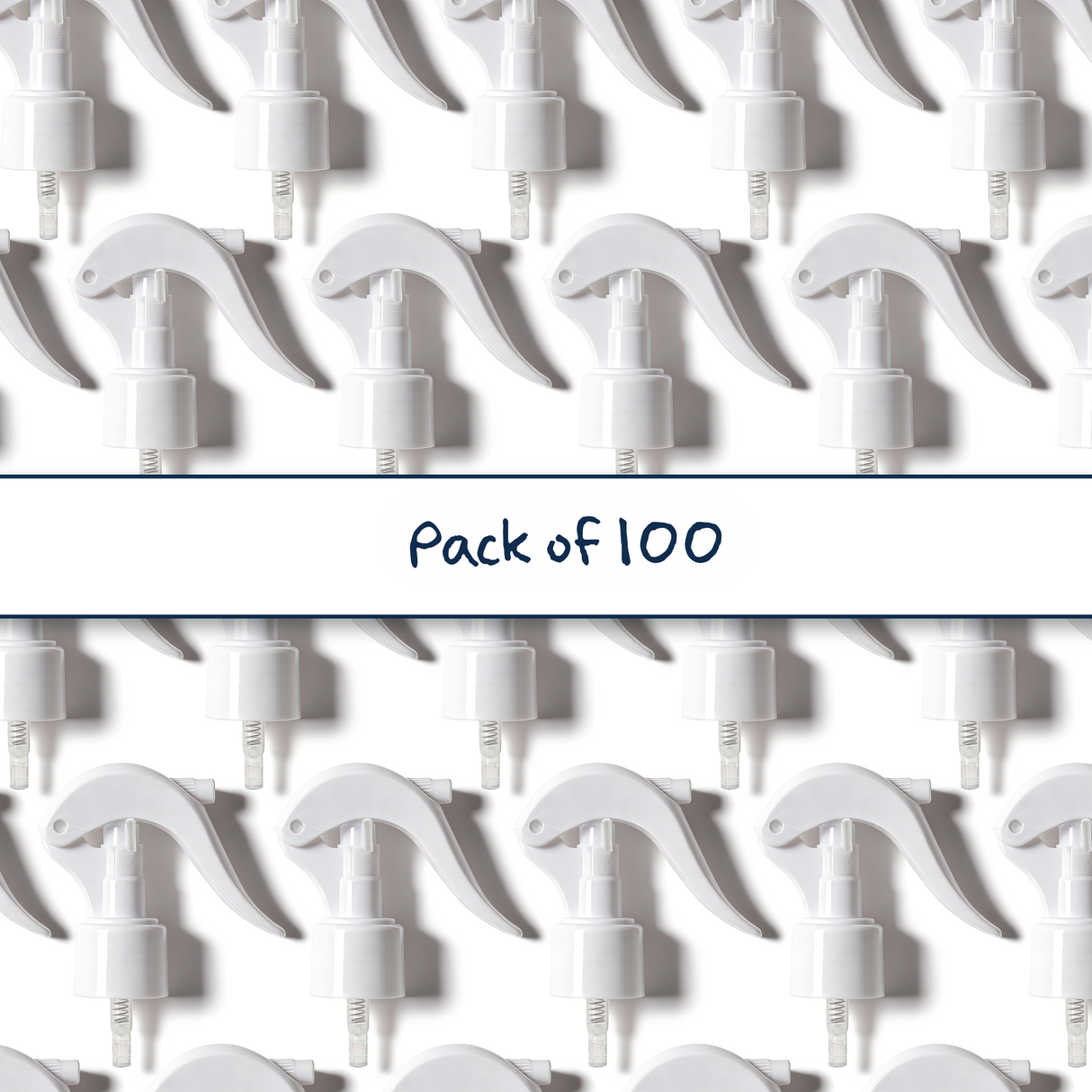 Multiple white 24 mm trigger spray closures for plastic bottles, ideal for cleaning products, disinfectants and liquid household packaging