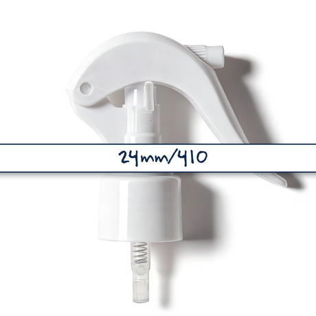 White 24 mm trigger spray closure for plastic bottles, ideal for cleaning products, disinfectants and liquid household packaging
