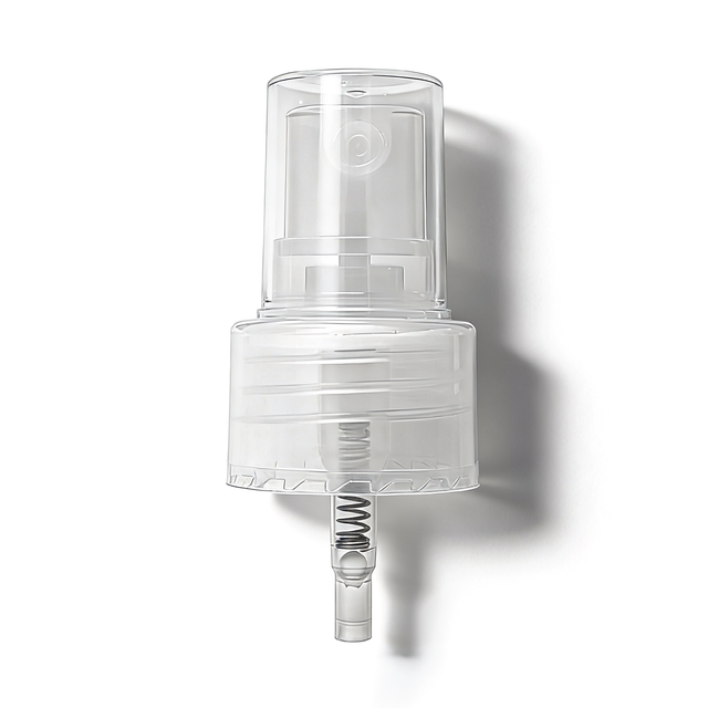 Clear 24 mm mist spray closure for cosmetic bottles, suitable for facial mists, perfumes, toners and liquid personal care packaging