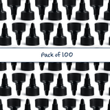 Multiple 24 mm screw lock spout caps for plastic bottles and pouches, ideal for dispensing liquid cosmetic and personal care products