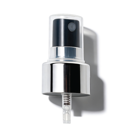 Silver collar, black top 24 mm mist spray closure for cosmetic bottles, suitable for facial mists, perfumes, toners and liquid personal care packaging