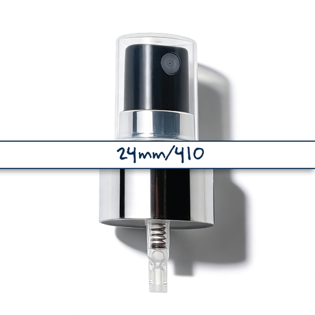 Silver collar, black top 24 mm mist spray closure for cosmetic bottles, suitable for facial mists, perfumes, toners and liquid personal care packaging