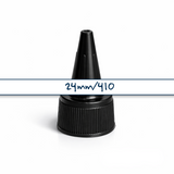 24 mm black spout cap for plastic bottles and pouches, ideal for dispensing liquid cosmetic and personal care products