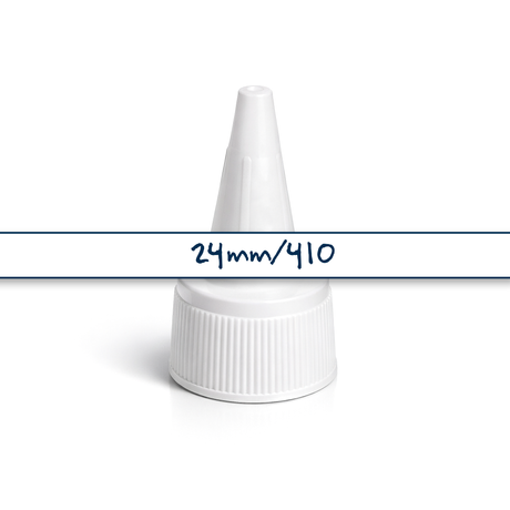 24 mm white spout cap for plastic bottles and pouches, ideal for dispensing liquid cosmetic and personal care products