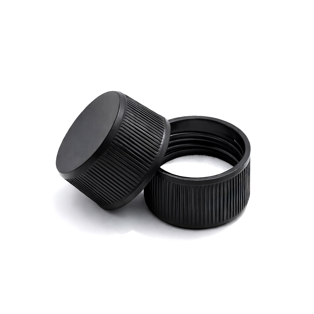 Black 24mm standard cap with EPE liner for plastic bottles, suitable for cosmetic, personal care and liquid packaging