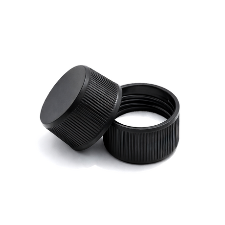 Black 24mm standard cap with EPE liner for plastic bottles, suitable for cosmetic, personal care and liquid packaging
