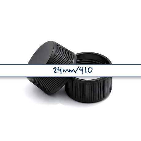 Black 24mm standard cap with EPE liner for plastic bottles, suitable for cosmetic, personal care and liquid packaging
