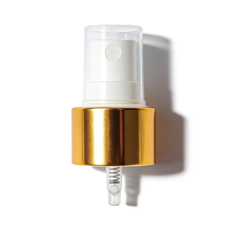 Gold collar, white top 24 mm mist spray closure for cosmetic bottles, suitable for facial mists, perfumes, toners and liquid personal care packaging