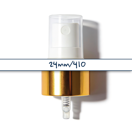 Gold collar, white top 24 mm mist spray closure for cosmetic bottles, suitable for facial mists, perfumes, toners and liquid personal care packaging