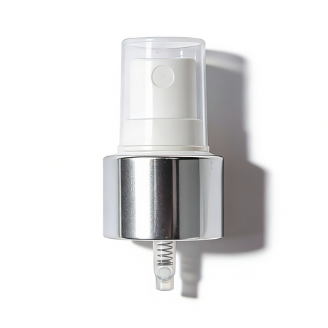 Silver collar, white top 24 mm mist spray closure for cosmetic bottles, suitable for facial mists, perfumes, toners and liquid personal care packaging