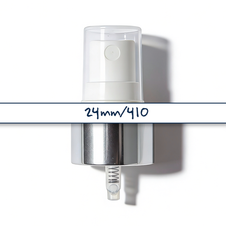 Silver collar, white top 24 mm mist spray closure for cosmetic bottles, suitable for facial mists, perfumes, toners and liquid personal care packaging