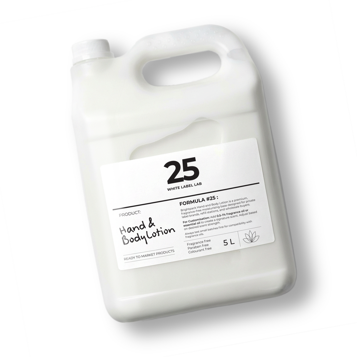 5 L jerry can of Brightpack hand and body lotion for bulk skincare manufacturing.