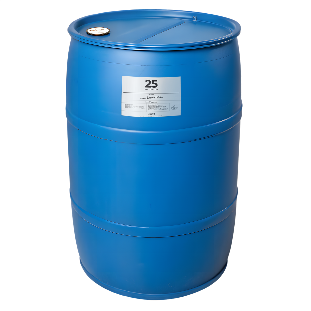 Large 200kg blue drum filled with Brightpack Hand & Body Lotion #25, a fragrance-free, paraben-free moisturiser base for private-label brands.