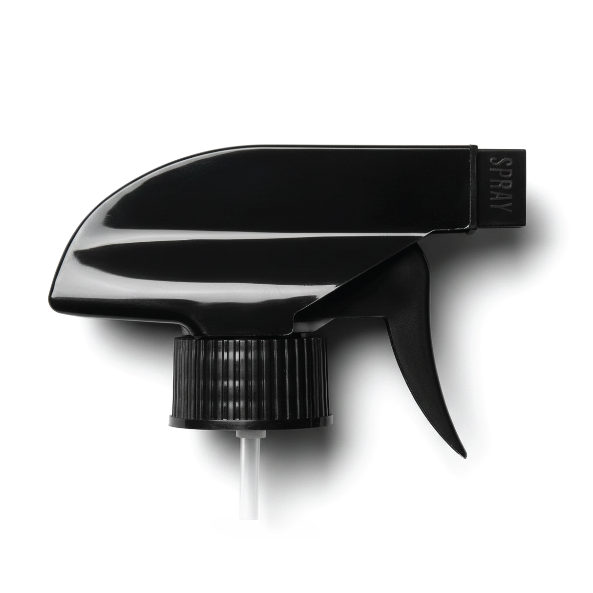 Black 28 mm trigger spray closure for plastic bottles, ideal for dispensing cleaners, sanitisers, hair products and liquid personal care formulations