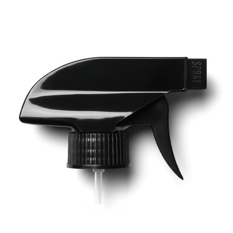 Black 28 mm trigger spray closure for plastic bottles, ideal for dispensing cleaners, sanitisers, hair products and liquid personal care formulations
