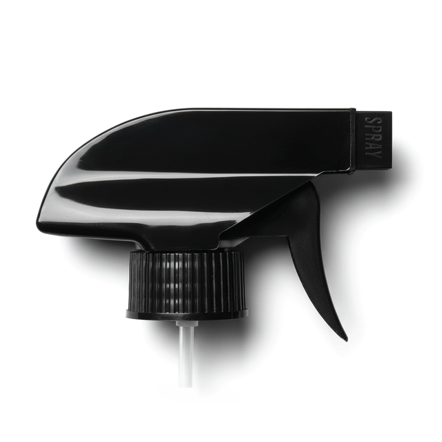 Black 28 mm trigger spray closure for plastic bottles, ideal for dispensing cleaners, sanitisers, hair products and liquid personal care formulations