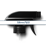 Black 28 mm trigger spray closure for plastic bottles, ideal for dispensing cleaners, sanitisers, hair products and liquid personal care formulations