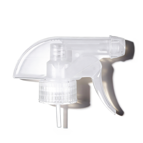 Clear 28 mm trigger spray closure for plastic bottles, ideal for dispensing cleaners, sanitisers, hair products and liquid personal care formulations