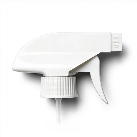 White 28 mm trigger spray closure for plastic bottles, ideal for dispensing cleaners, sanitisers, hair products and liquid personal care formulations