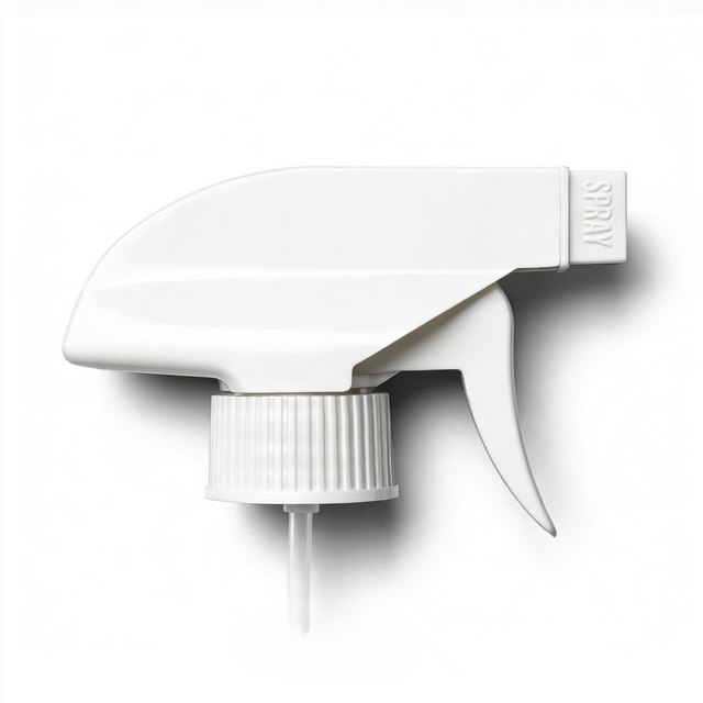 White 28 mm trigger spray closure for plastic bottles, ideal for dispensing cleaners, sanitisers, hair products and liquid personal care formulations