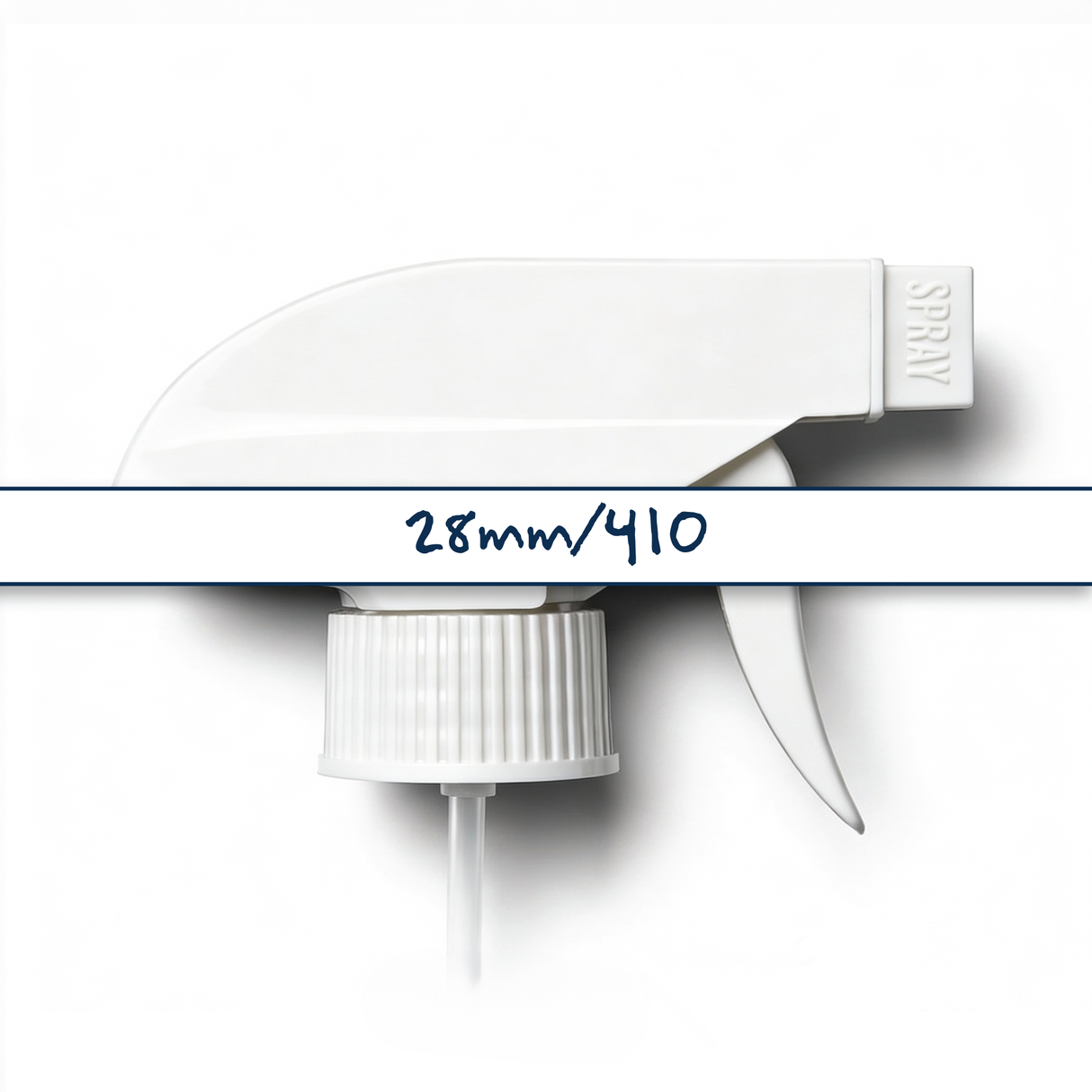 White 28 mm trigger spray closure for plastic bottles, ideal for dispensing cleaners, sanitisers, hair products and liquid personal care formulations