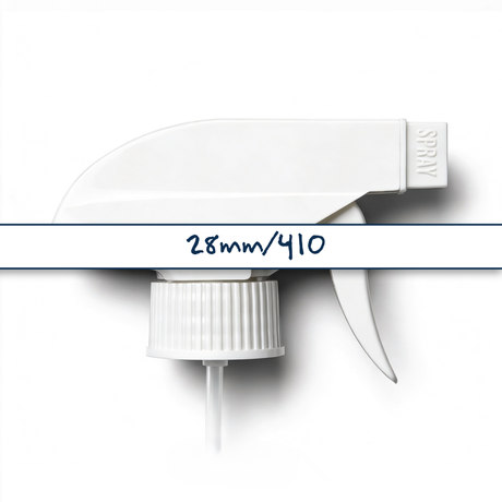 White 28 mm trigger spray closure for plastic bottles, ideal for dispensing cleaners, sanitisers, hair products and liquid personal care formulations