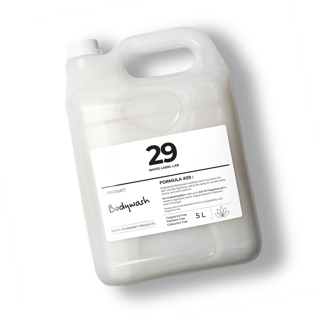 5 L jerry can of Brightpack bodywash for bulk personal care production.