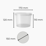 Clear 2L bucket with dimensions labeled on a white background