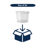 Clear 2L plastic container with an icon of a box and text 'Box of 26' on a white background