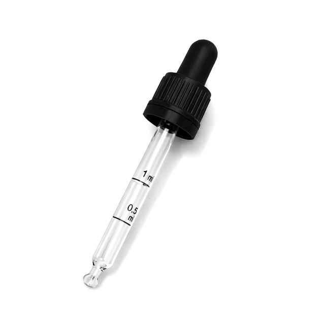 Black glass pipette dropper for cosmetic bottles, ideal for precise dispensing of serums, oils and skincare liquids ideal for 30ml bottles