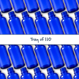 Collection of blue 30ml glass dropper bottles, empty cosmetic packaging for serums, oils and skincare formulations