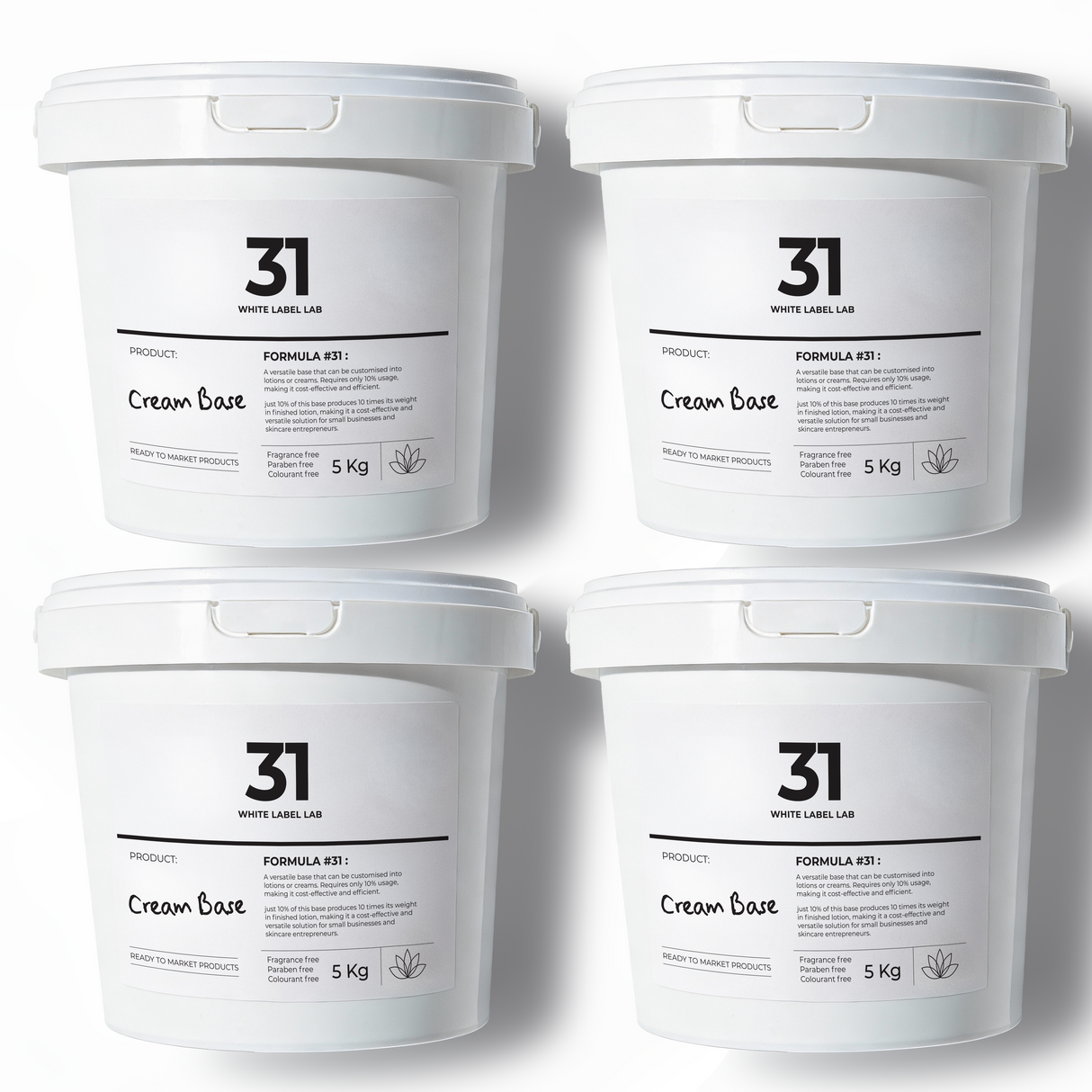 White Label Lab #31 Cream Base pack of four 5kg buckets, wholesale bulk cream base for cosmetic and skincare manufacturing