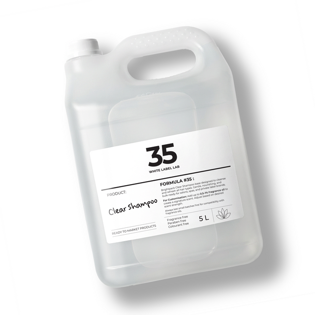 5 L jerry can of Brightpack clear shampoo for salons and private-label brands.