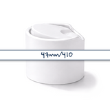 47 mm white disc top cap closure for plastic bottles, ideal for cosmetics, personal care, shampoos and liquid products