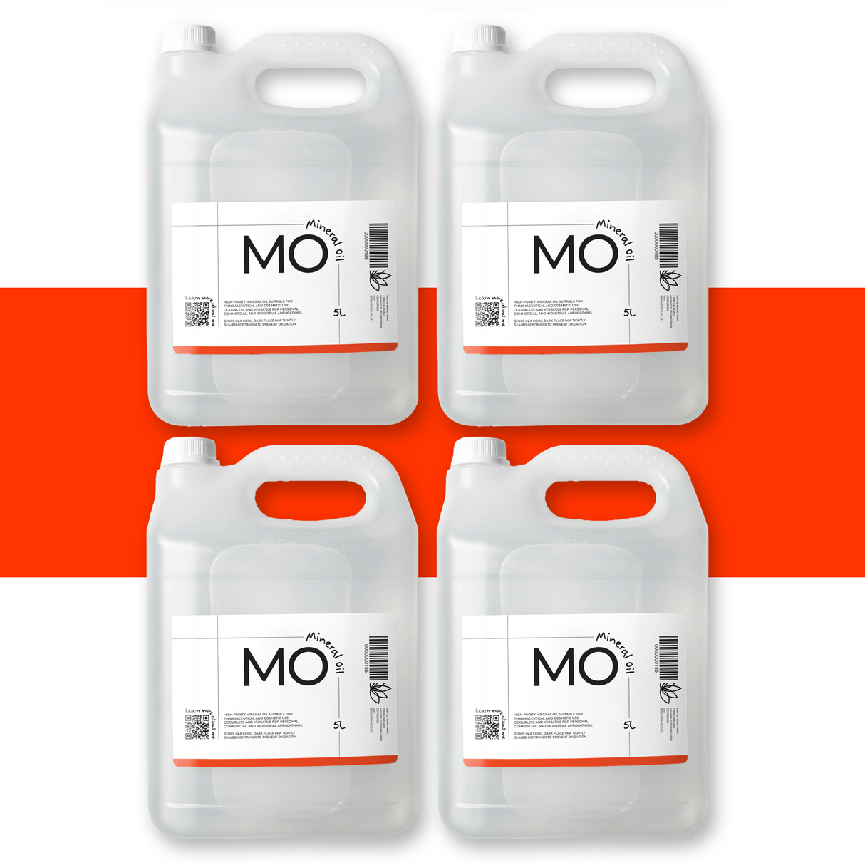 4 x 5L Pharmaceutical Grade Mineral Oil liquid, highly refined colourless oil used in cosmetics, skincare, and industrial applications for lubrication and hydration