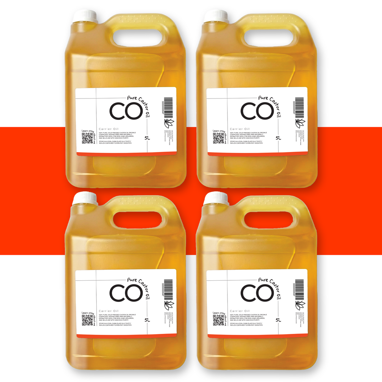 4 x 5L Pure Castor Oil, ideal for hair treatments, scalp care, beard oils, and DIY skincare formulations